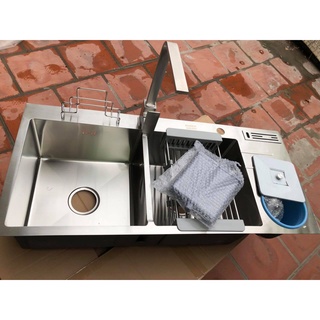 Chậu rửa chén đúc liền khối 100x45 bồn rửa chén 2 hố 100% inox 304 không rỉ-bảo hành 2 năm