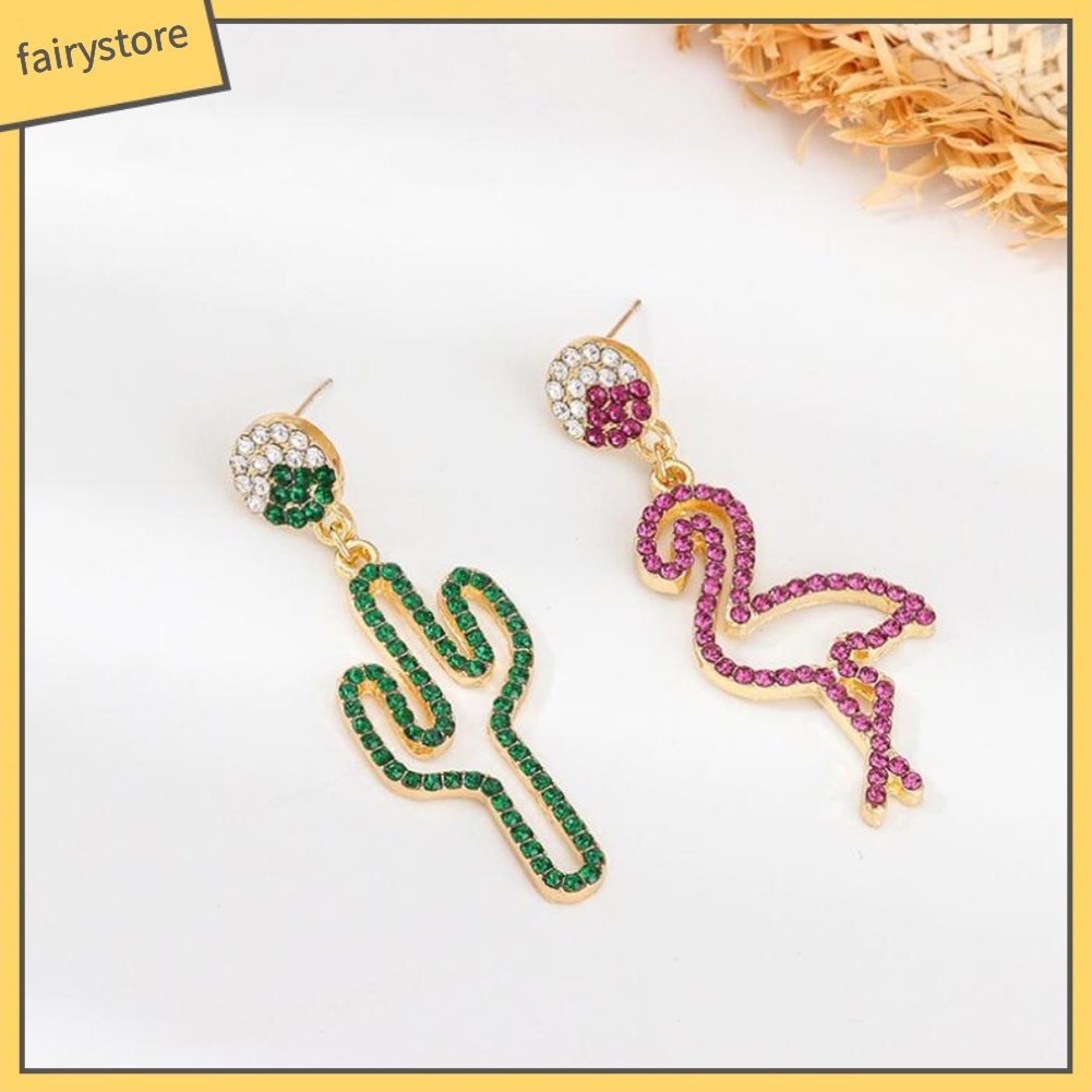 Đôi khuyên tai dài hình hồng hạc và cây xương rồng đính đá thời trang cho nữ