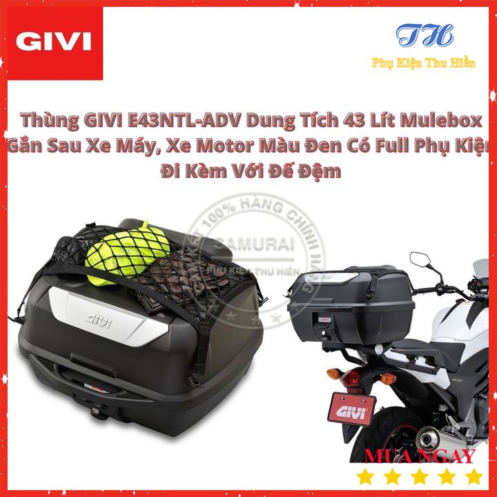 Thùng Givi E43NTL-ADV 43 Lít Mulebox Gắn Sau Xe Máy, Xe Motor Màu Đen Có Full Phụ Kiện Đi Kèm Với Đế Đệm