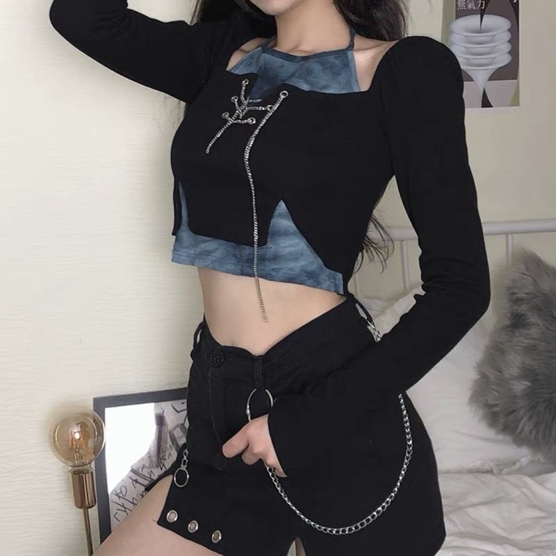 áo crop top phối xích kèm áo yếm loang tôn dáng nữ