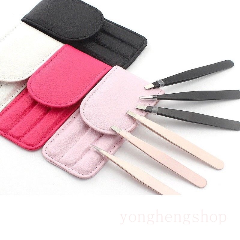 Set 3 nhíp nhổ lông mày bằng thép không gỉ kèm túi đựng tiện dụng
