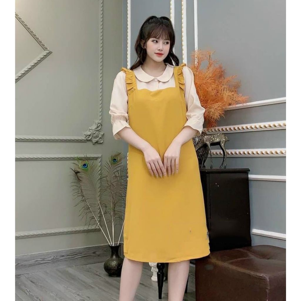 Váy bầu yếm liền tay lỡ thời trang thiết kế M420 chất cát hàn freesize từ 45 đến 70kg