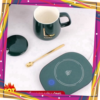 Cốc Hâm Nóng đồ uống kèm đế điện, Bộ Cốc sứ kèm đế điện hâm nóng trà, cafe, hâm sữa + Tặng kèm thìa vàng, hộp sang trọng