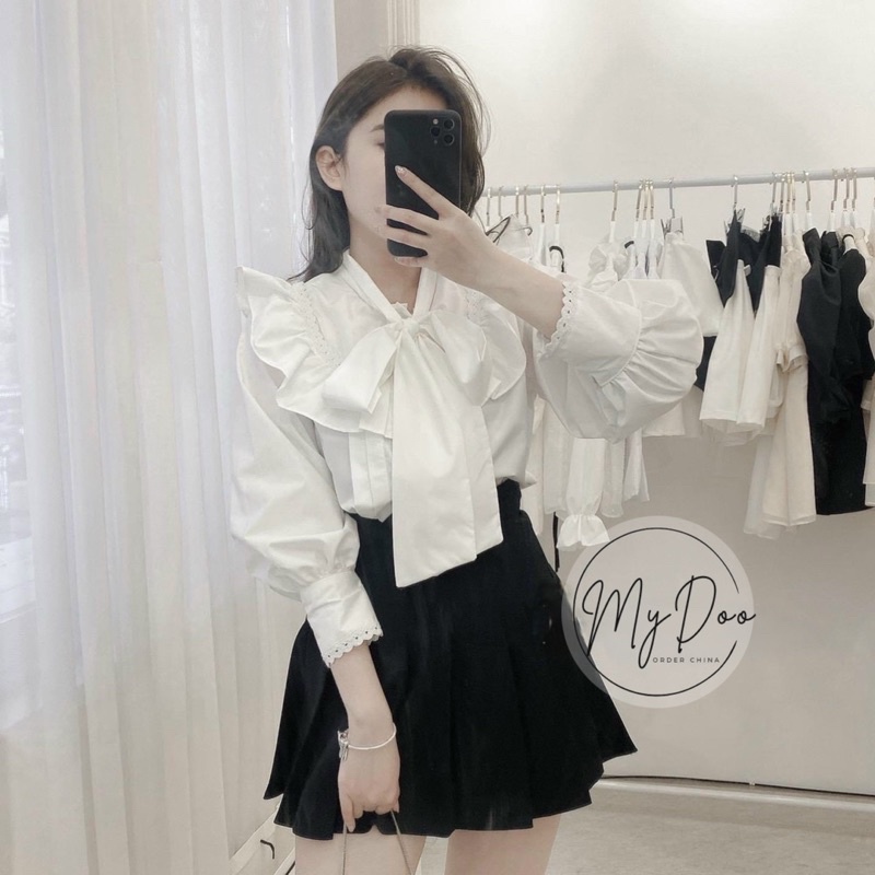 áo sơmi nữ dài phối tay ren cổ nơ  thanh lịch nhẹ nhàng SMB05 [ 100 chiếc đầu giá rẻ nhất]