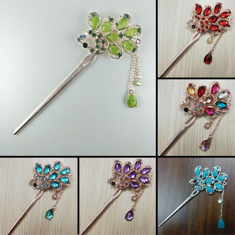 Trâm cài tóc đính đá họa tiết chim công tua rua vintage