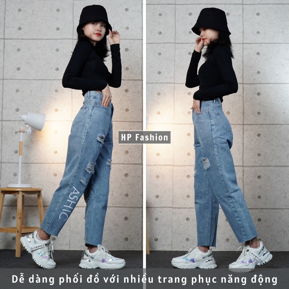 Quần baggy nữ ❤️ Quần jean cạp lưng cao in chữ ASHIC phối rách cá tính, chất bò dày dặn - QJ10 | BigBuy360 - bigbuy360.vn