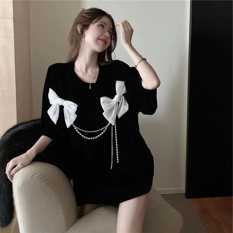 Áo Thun Tay Ngắn Dáng Rộng Mùa Hè Thiết Kế Thắt Nơ Dây Xích Phong Cách Hàn Quốc Mới Cho Nữ