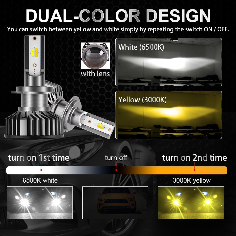UNISHINE 3000K + 6500K H1 H3 Dual Color Led Bulbs H7 H8 H11 Led Light Headlight Bulb 12V 10000LM 9005 9006 HB3 HB4 LED Fog Lamps