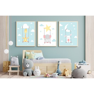 Tranh canvas treo tường màu xanh pastel, decor trang trí nội thất, tặng kèm đinh ba chân và khung tranh