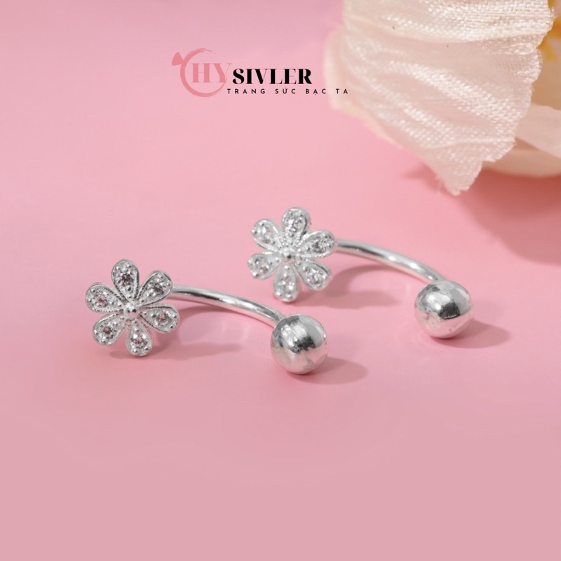 Bông tai bạc ta dạng khoen bông hoa 6 cánh đính đá đeo được 2 kiểu bông tai nữ bạc thật