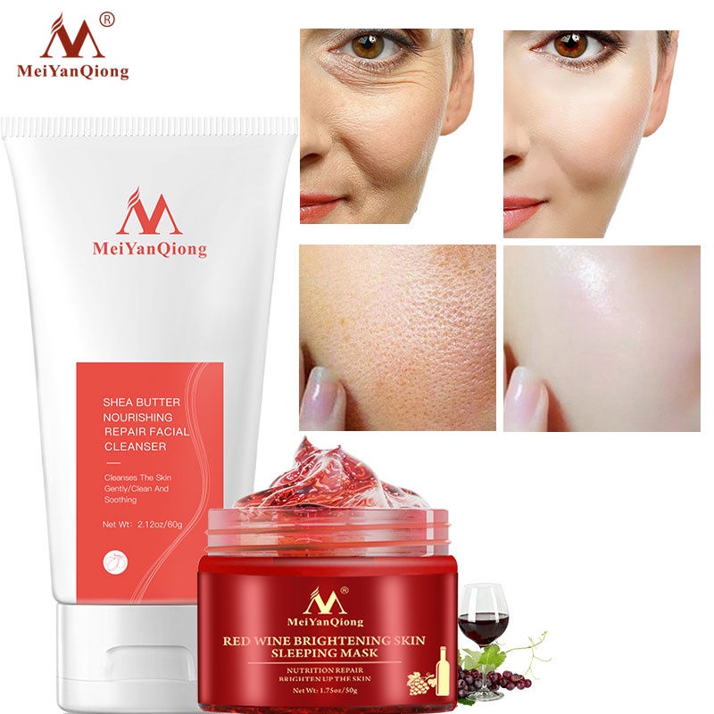 Bộ chăm sóc MeiYanQiong với sữa rửa mặt bơ hạt mỡ sạch sâu kiềm dầu và mặt nạ ngủ tinh chất rượu vang đỏ dưỡng da