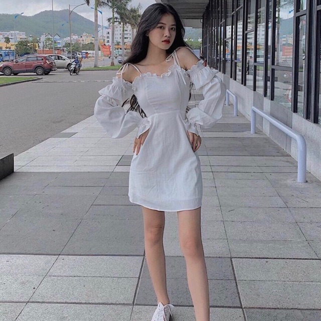 Đầm trắng rớt vai bo chun