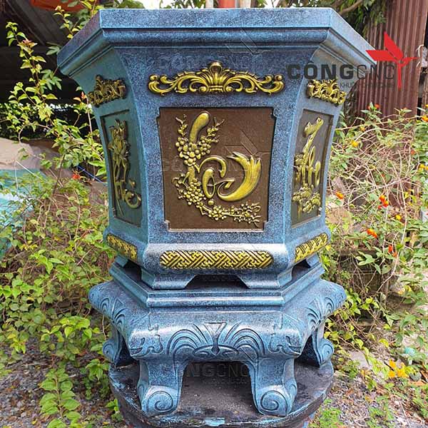 Khuôn làm chậu xi măng lục giác 58 kèm chân đôn - Họa tiết Phúc Lộc Thọ
