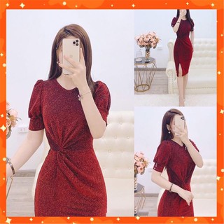 Đầm Ôm Dáng 🌞FREESHIP-HÀNG CAO CẤP🌞 Xoắn Eo Vải Kim Tuyến Màu Đỏ, FreeSize 40-60Kg