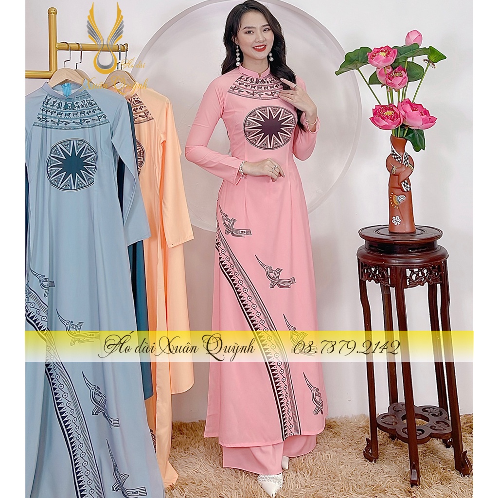 Bộ Áo Dài Truyền Thống Hoạ Tiết Trống Đồng Thanh Lịch, Lụa Cao Cấp K82 - Áo Dài Xuân Quỳnh