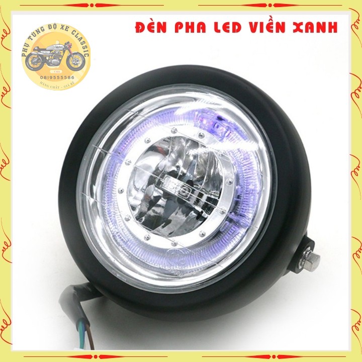 Đèn pha led viền xanh chính hãng Visco dùng độ xe Classic gáo sắt sơn đen mặt kính trong ,đường kính 16cm
