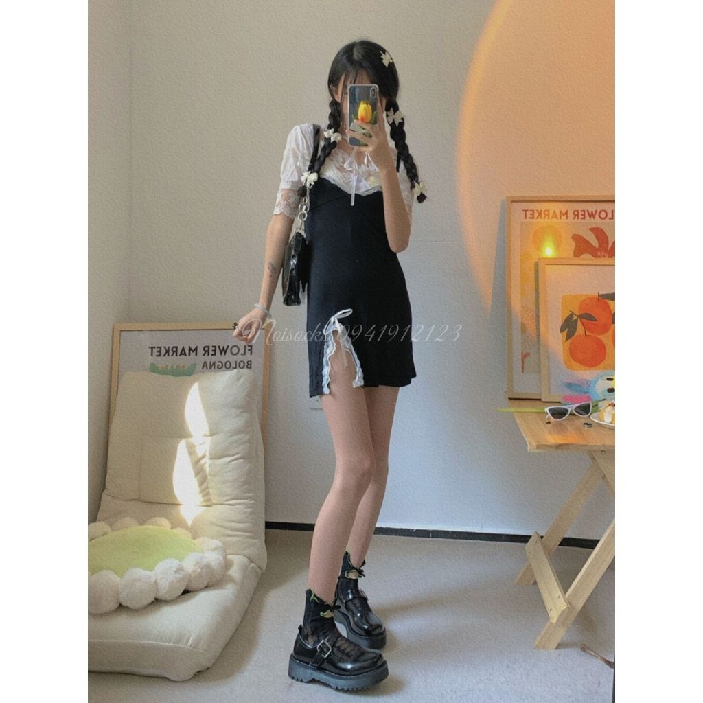 [Sỉ lẻ] Tất, vớ nhún cổ bèo chất ren cao cấp, Thắt Nơ Thêu Hình Trái Tim, phong cách Lolita Nhật Bản cá tính, thoáng mát