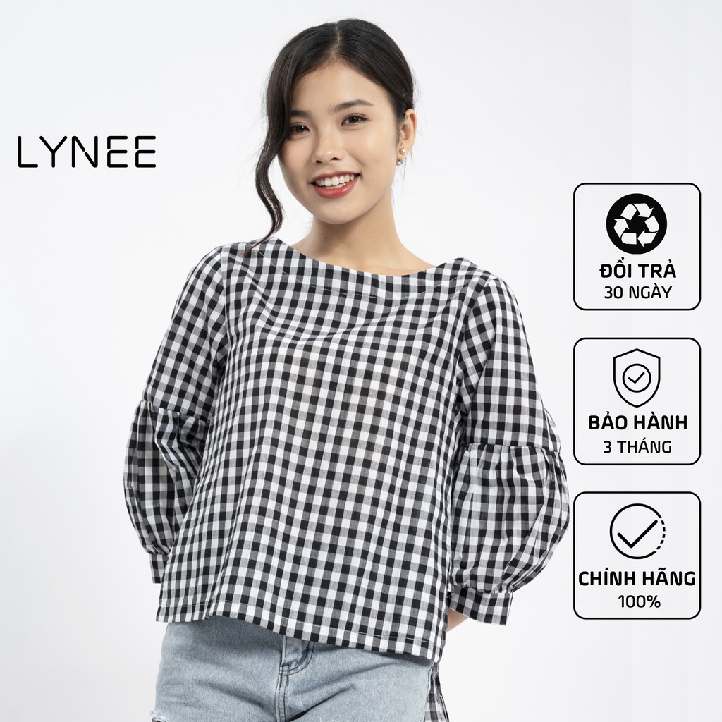 Áo kiểu tay lỡ họa tiết kẻ sọc caro thời trang phong cách LYNEE nơ sau,tà lệch đáng yêu A08