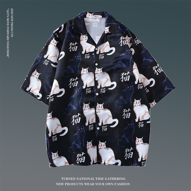 Áo sơ mi đi biển PURUILONG tay ngắn dáng rộng in hình mèo phong cách Hàn Quốc thời trang cho nam