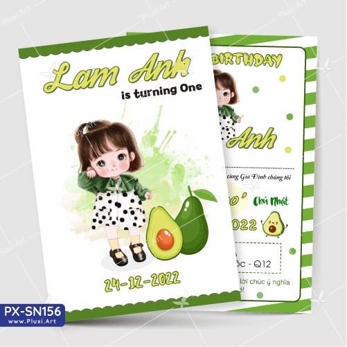 Thiệp Thôi Nôi – Sinh Nhật Pluxi Hình Trái Bơ Bé Gái - Bé Trai