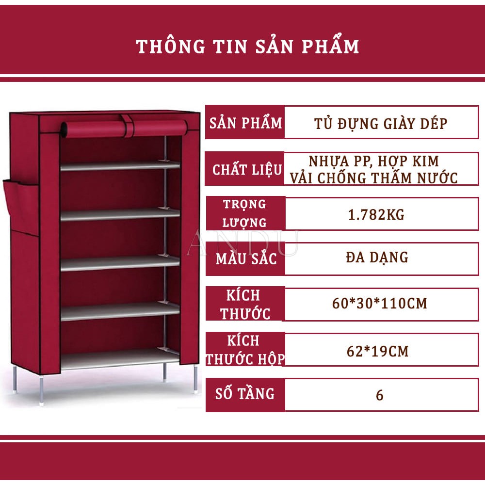 Tủ Để Giày Dép 6 Tầng Cao Cấp, Tủ Vải Khung Thép Đựng Giày + Tặng Kèm Hộp Đựng Giày