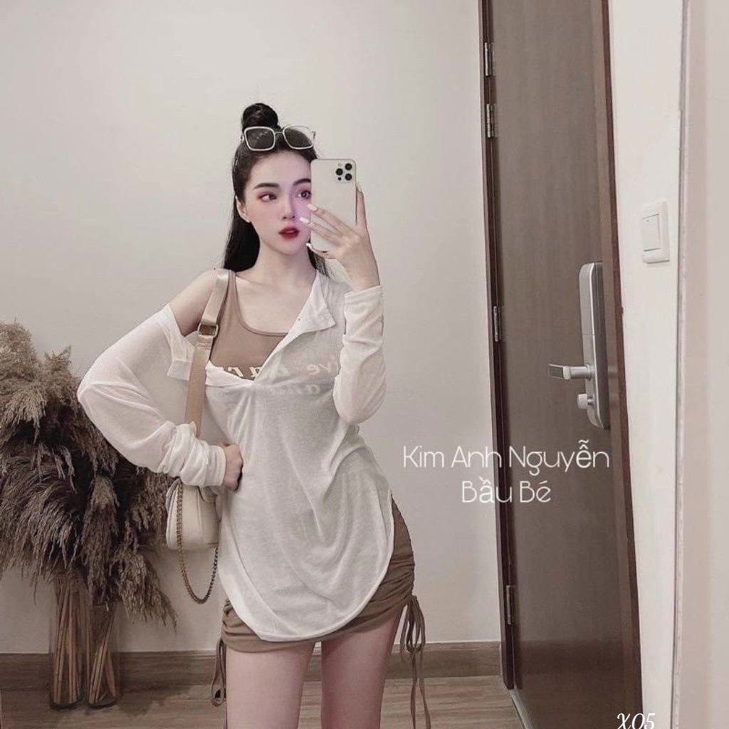 [Set đầm] Đầm bodycon ôm dáng cực đẹp, thiêt kế rút 2 bên độc đáo chất vải thun gân, phối kèm khoác cotton - combo đẹp