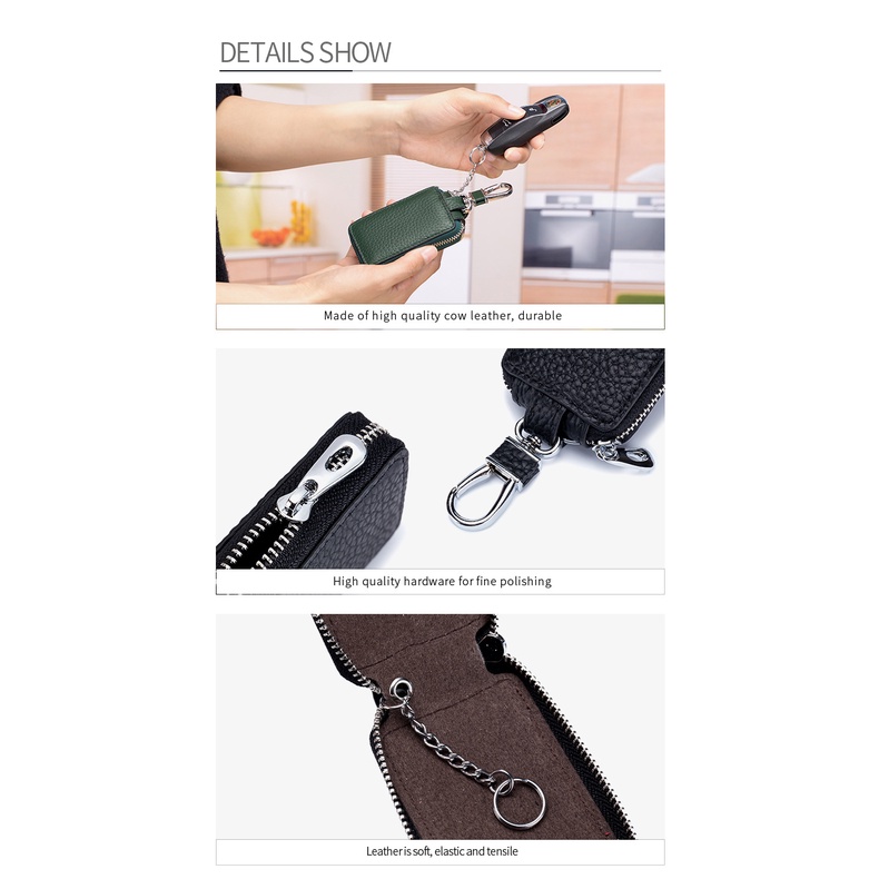 Ví Da Đựng Chìa Khóa Xe Hơi Màu Trơn Có Khóa Kéo Tiện Dụng