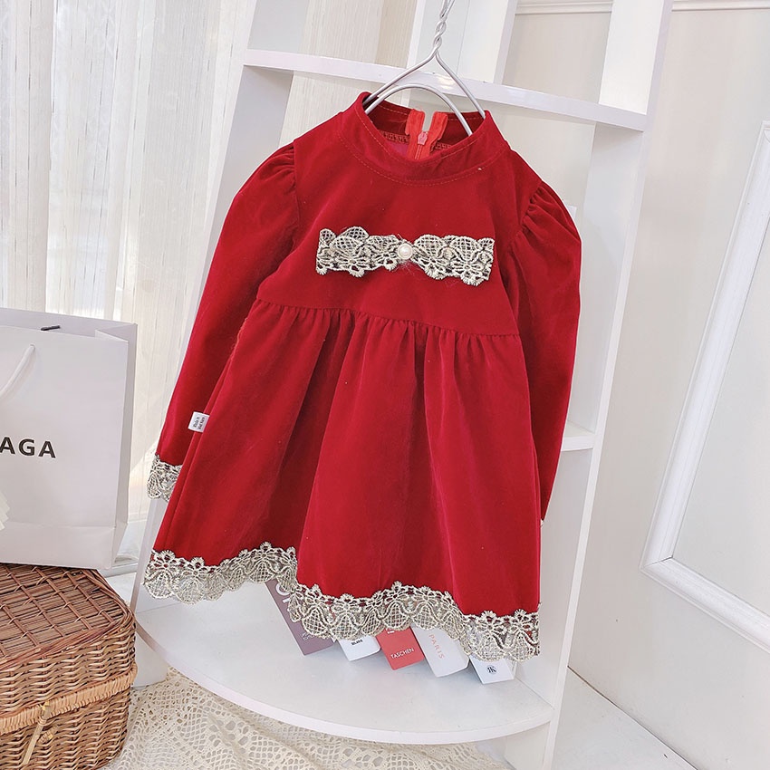 Váy Nhung Đỏ Dài Tay Thu Đông Phối Ren Ánh Đồng Nơ Ngực Cao Cấp Cho Bé Từ 8-21kg Mã V17