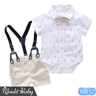 [LẺ SIZE 4-6kg] - Bộ sơ sinh bé trai, áo body cộc tay & quần sooc đùi quai đeo lịch lãm, mẫu công tử cao cấp | MB12