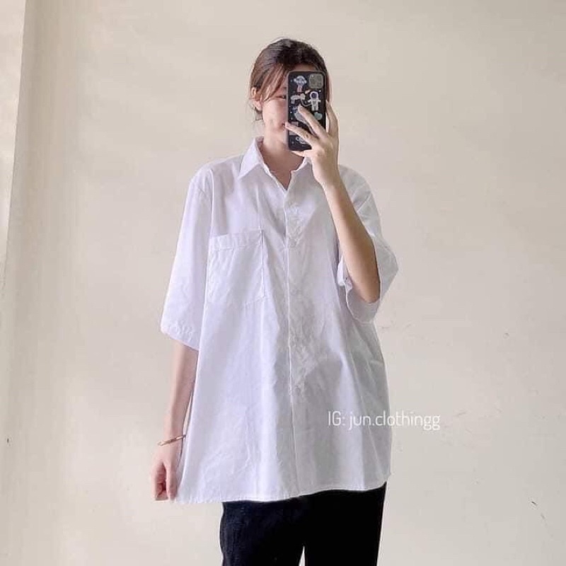 Áo sơ mi tay lỡ dáng rộng unisex freesize 38-65kg