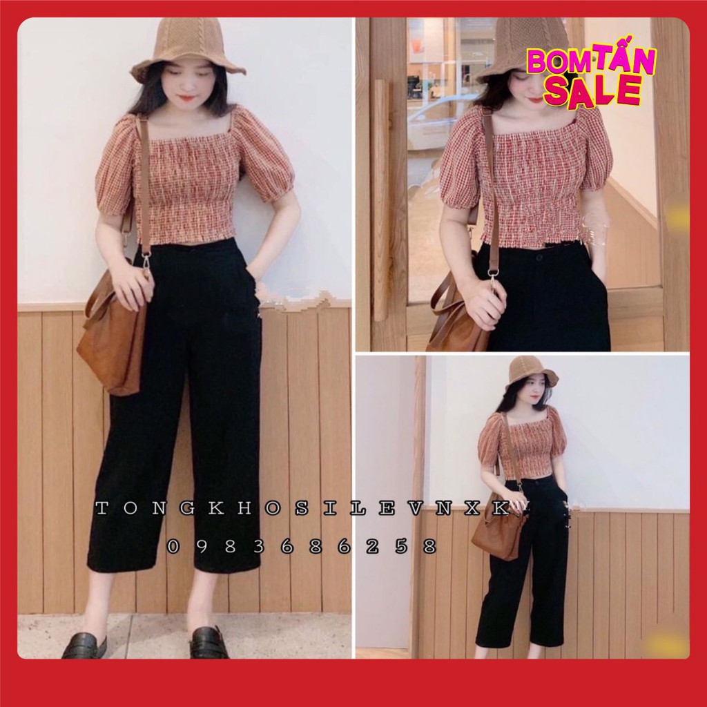 FREESHIPPING FREESHIPPING SET ÁO KẺ ĐỎ THỔ CẨM CHUN NGỰC TAY BỒNG MIX QUẦN CULLOTES ĐEN BAY SUÔNG LỠ