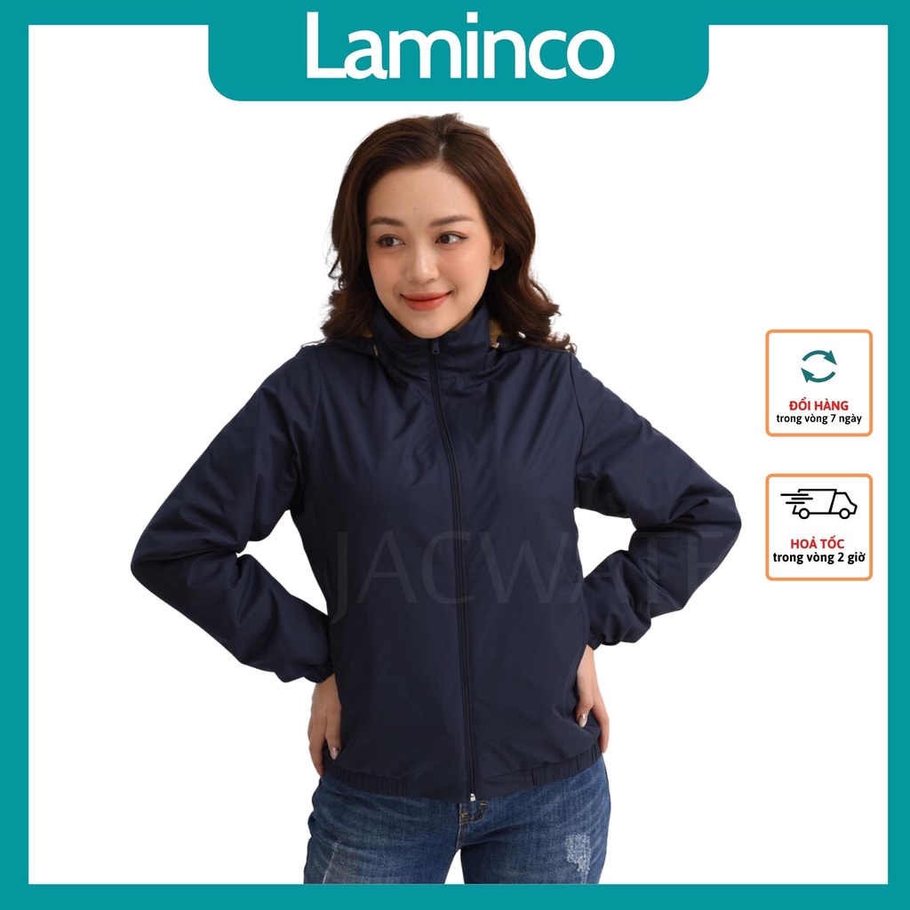 Áo khoác gió lót lông cừu nữ có mũ mùa đông form rộng chống nước cản bụi LAMINCO v85