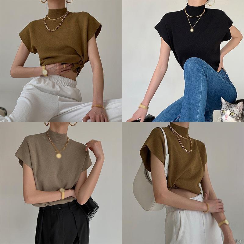 Áo kiểu mặc chui đầu tay ngắn cổ lọ màu trơn phong cách vintage thời trang