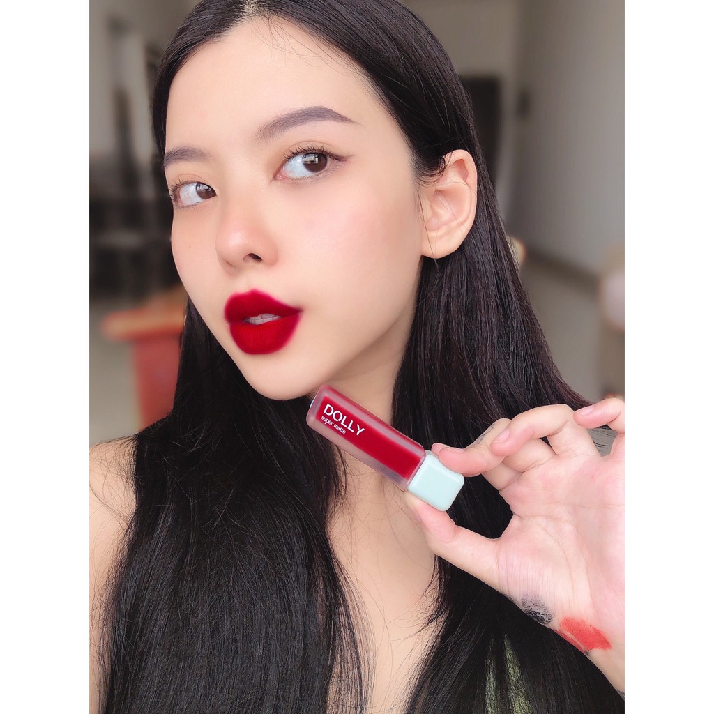 Son kem lì màu đỏ BURGUNDY Dolly super matte, son kem lì không chì bền màu lâu trôi, mua 2 cây tặng 1 hộp đựng cao cấp