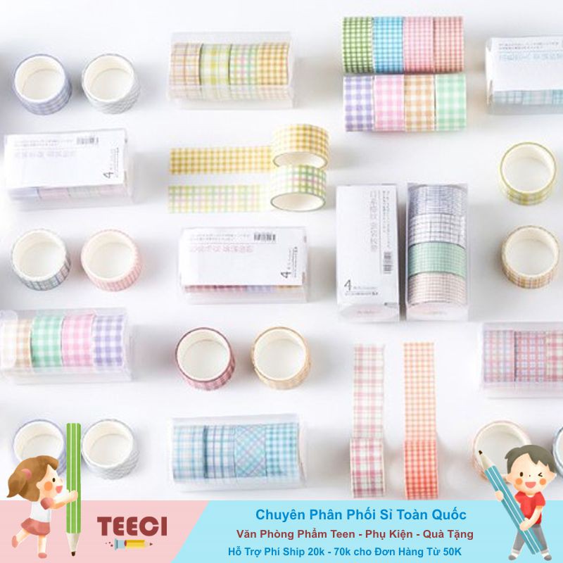 &lt;Ảnh Thật Shop Chụp&gt;Lẻ 1 Cuộn Băng Keo Dính Washi Tape Họa Tiết Caro Trang Trí Sổ Tay Nhật Kí Khay Đựng Bút Teeci582