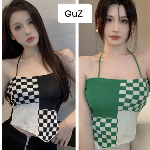Áo croptop 2 dây cổ yếm hở vai kẻ caro có 3 màu xanh xám và đen dây áo tự điều chỉnh tạo được nhiều kiểu khác nhau GuZ