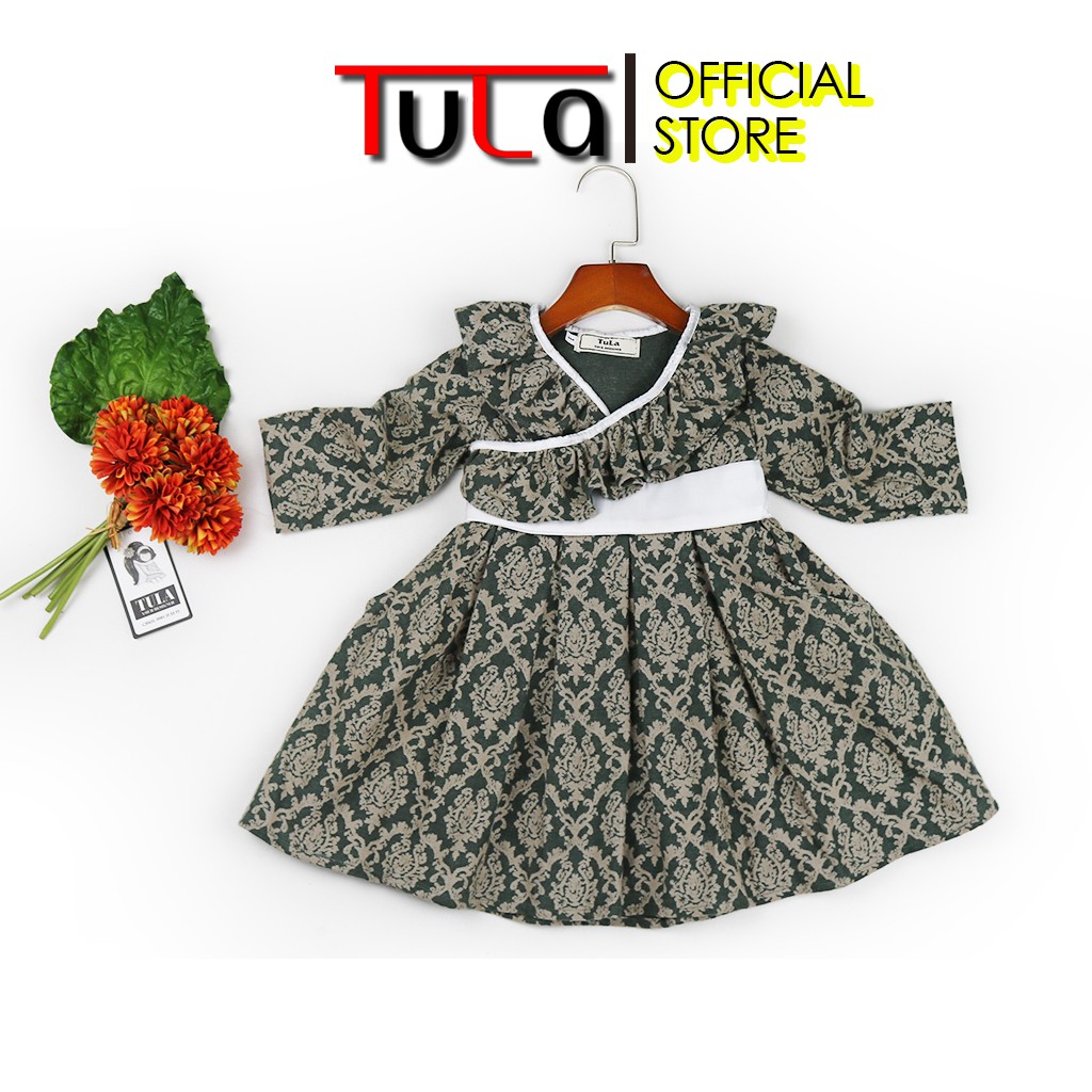 Váy Đầm Bé Gái Gắn Nơ Trắng Họa Tiết Xinh Trên Nền Xanh Lá Đậm Phù Hợp Thu Đông Cho Bé