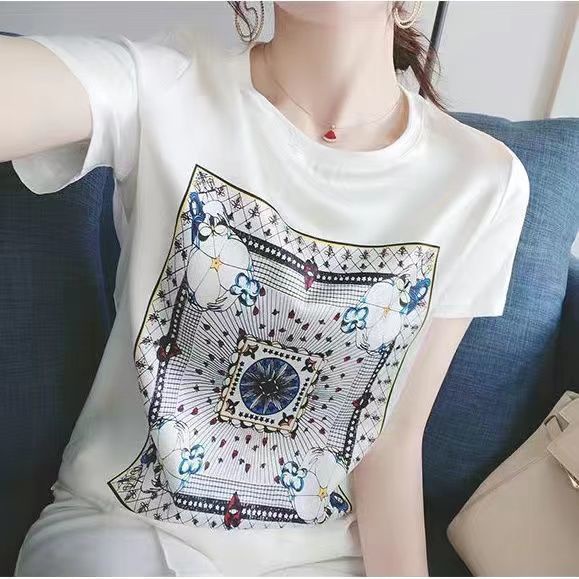 Áo Thun Nữ Cổ Tròn Ngắn Tay In Hình Thời Trang Hàn Quốc
