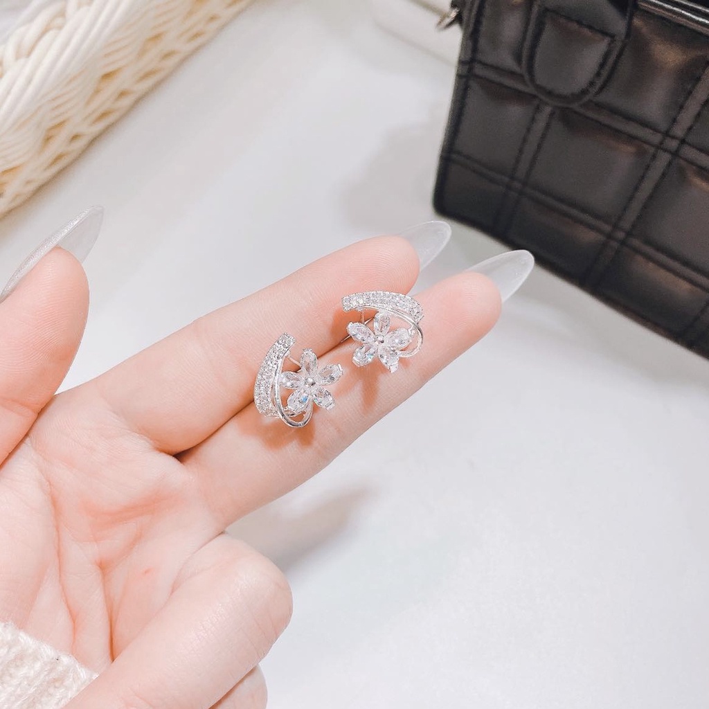 Bông tai bạc nữ PANSY hình hoa ngọc nạm đá sang chảnh, khuyên tai nữ bạc ta cao cấp