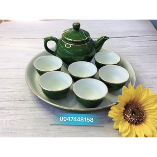 Bộ ấm chén men xanh vẽ chỉ vàng