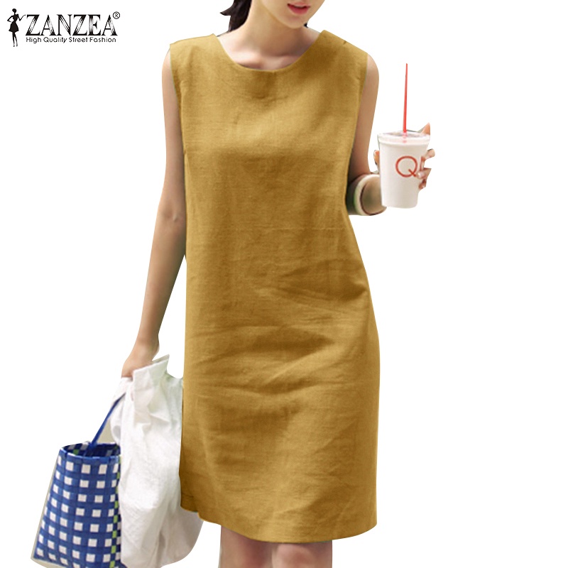 Đầm Ngắn Không Tay Xẻ Tà Màu Trơn Đơn Giản Thời Trang Cho Nữ ZANZEA