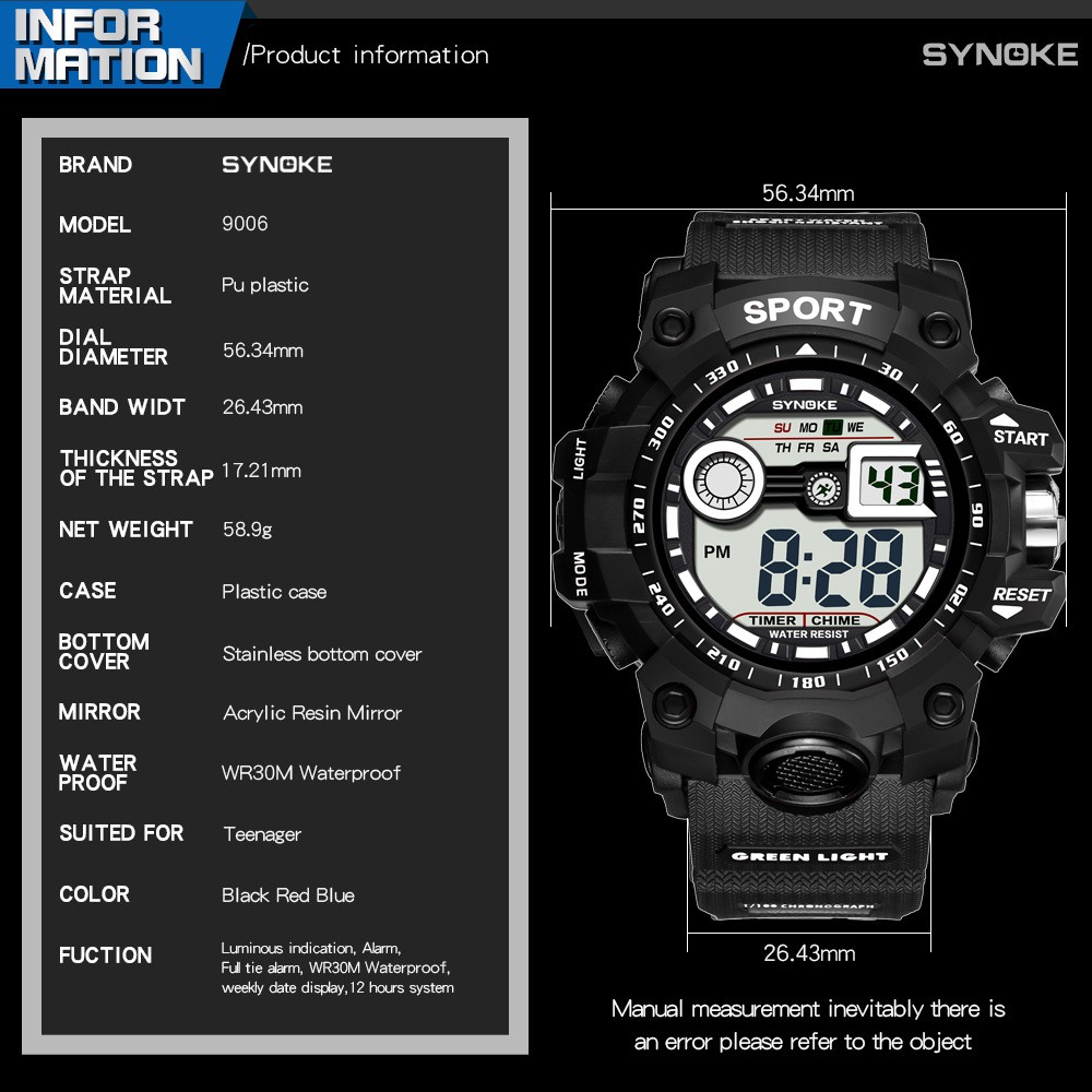 Đồng hồ nam Synoke 9006 điện tử thể thao thời trang dây cao su cao cấp