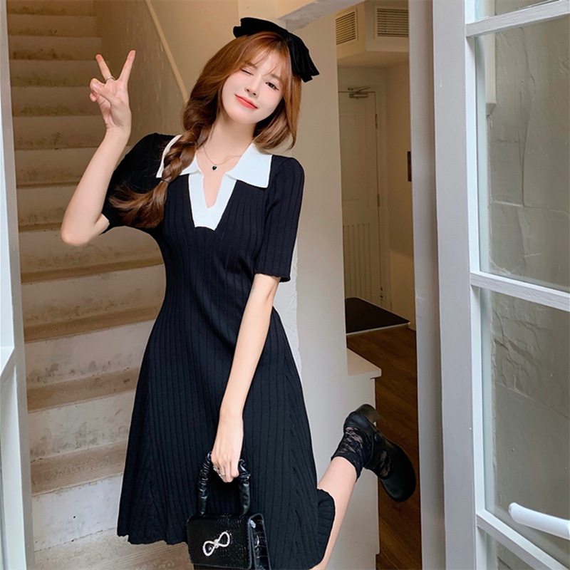Đầm Dệt Kim Ngắn Tay Cổ POLO Xinh Xắn Dành Cho Nữ