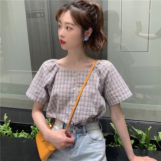Áo Sơ Mi Nữ Ulzzang Kẻ Cổ Vuông Cộc Tay Siêu Xinh Hot 2021- Seun Shoes