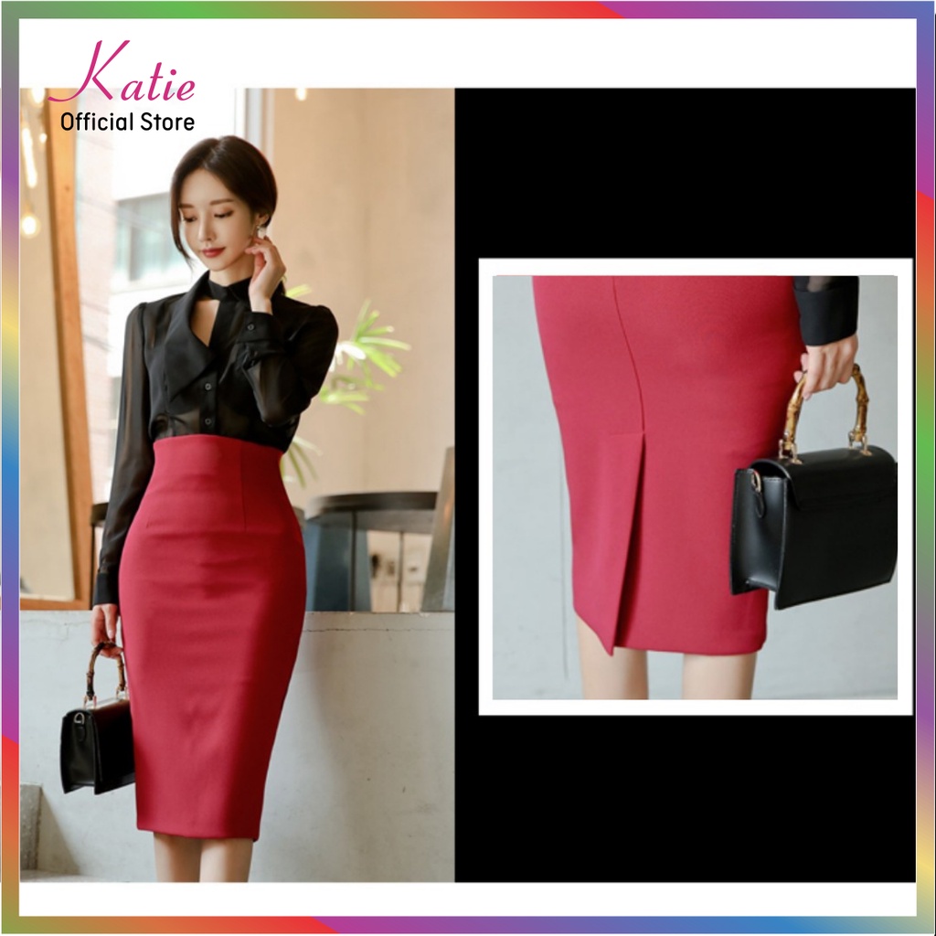 Chân Váy Công Sở Dài Qua Gối Màu Đỏ Đô  63cm Katie Váy Bút Chì BigSize 40 đến 80kg Co Giãn 4 Chiều Không Cần Ủi Cv888