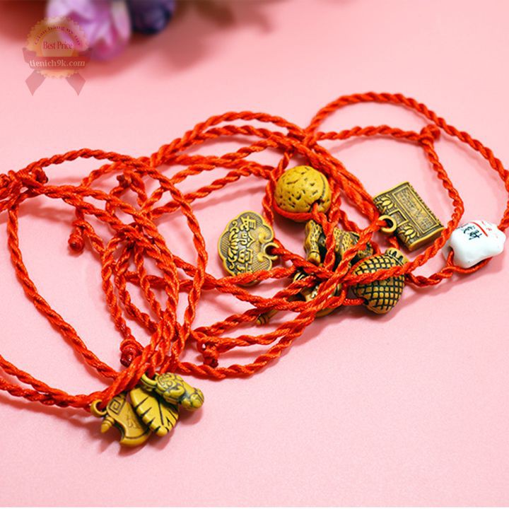 Combo 15 vòng đeo tay dây bện đỏ mặt gỗ phong thủy