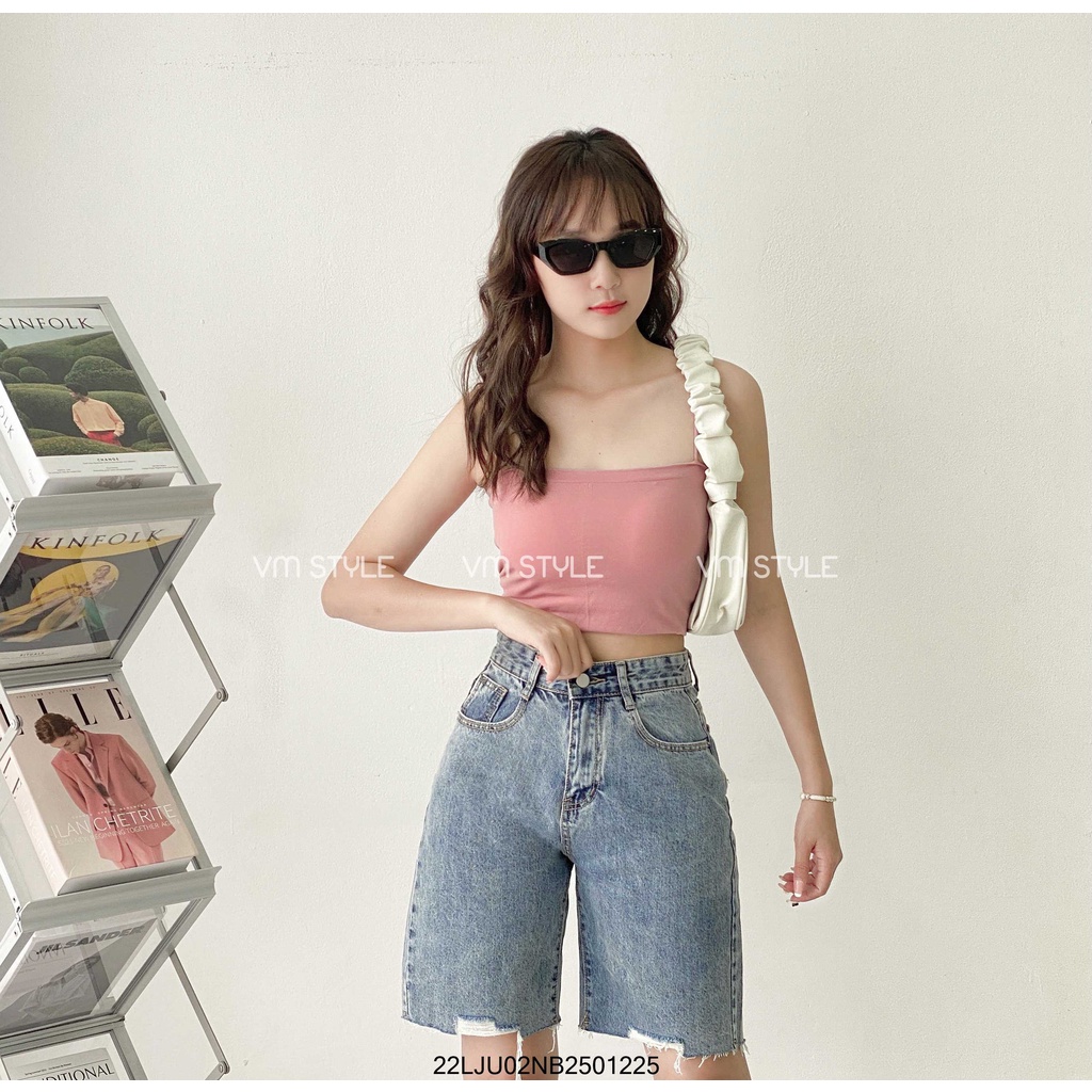 Quần jean ngố VM STYLE xước lai cắt kiểu, quần sọt lửng ống rộng nữ chất bò lưng cao ulzzang 22LJU02NB2501