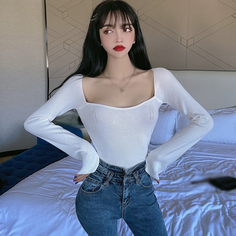 Ladies Sexy Solid Square Collar Slim Long Sleeve Sweat Bace Tops