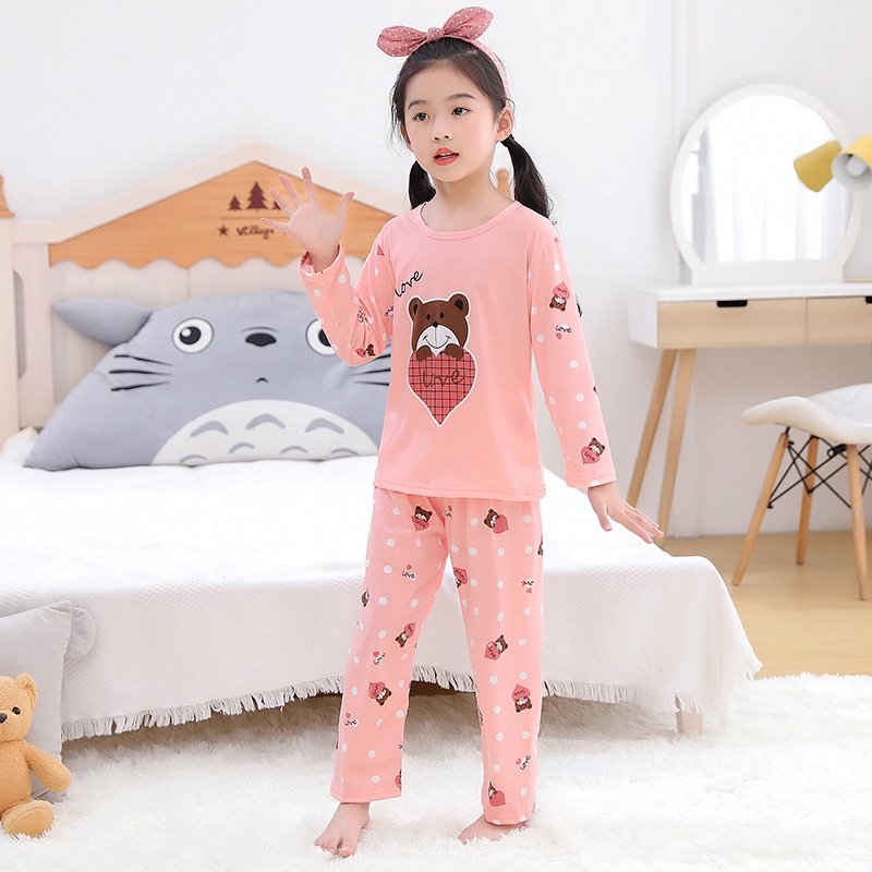 Set đồ ngủ áo thun tay dài + quần dài in hoạt hình Hello Kitty cho bé gái