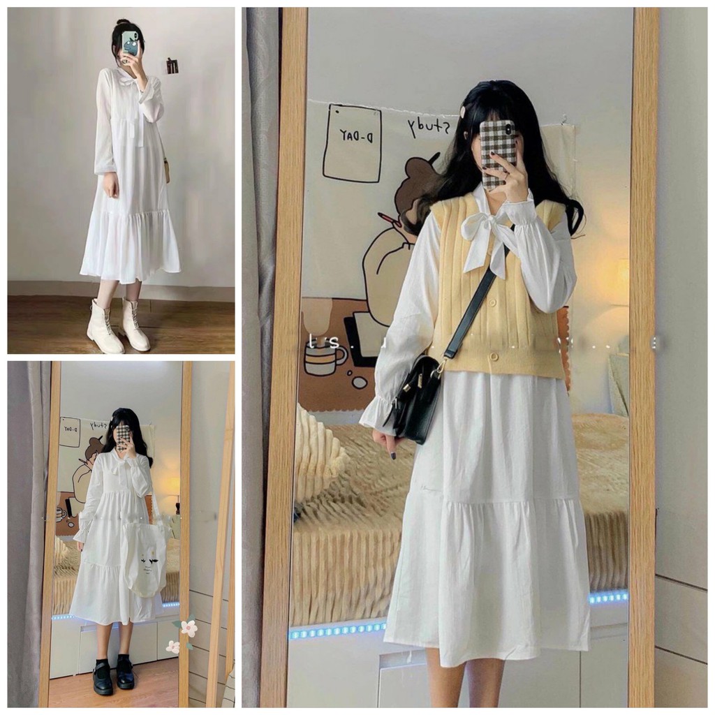 Đầm Babydoll Nữ Nơ Ngực Đẹp Vintage Xuông Dài Tay Tiểu Thư Zinti DN02